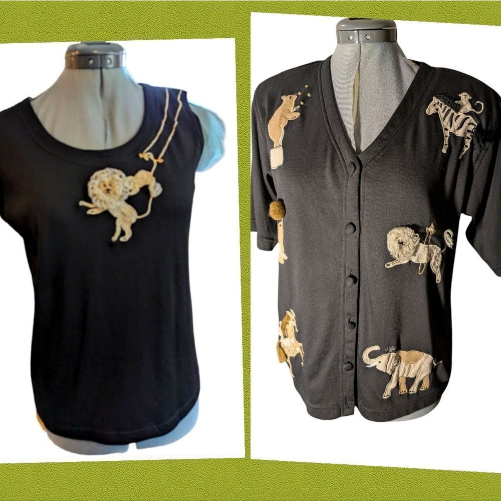 Vintage Lisa International black sleeveless top & cardigan with embroidered lion